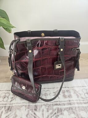 Patent Croc-Embossed Tote in Burgundy with Dark Trim